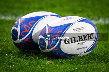 2023-09-29 - Illustration of the Gilbert match balls during the World Cup 2023, Pool A rugby union match between New Zealand and Italy on September 29, 2023 at Groupama Stadium in Decines-Charpieu near Lyon, France - RUGBY - WORLD CUP 2023 - NEW ZEALAND V ITALY - WORLD CUP - RUGBY