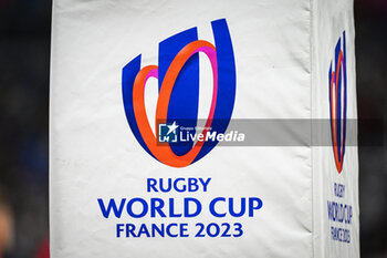 2023-09-29 - Illustration of the official logo during the World Cup 2023, Pool A rugby union match between New Zealand and Italy on September 29, 2023 at Groupama Stadium in Decines-Charpieu near Lyon, France - RUGBY - WORLD CUP 2023 - NEW ZEALAND V ITALY - WORLD CUP - RUGBY