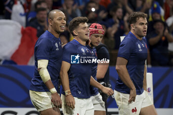 2023-10-06 - Matthieu Jalibert of France celebrates scoring a try with Gael Fickou, Louis Bielle-Biarrey, Damian Penaud of France during the World Cup 2023, Pool A rugby union match between France and Italy on October 6, 2023 at Groupama Stadium in Decines-Charpieu near Lyon, France - RUGBY - WORLD CUP 2023 - FRANCE V ITALY - WORLD CUP - RUGBY