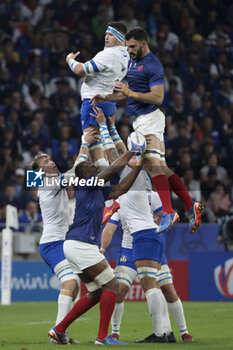 2023-10-06 - Sebastian Negri of Italy, Charles Ollivon of France during the World Cup 2023, Pool A rugby union match between France and Italy on October 6, 2023 at Groupama Stadium in Decines-Charpieu near Lyon, France - RUGBY - WORLD CUP 2023 - FRANCE V ITALY - WORLD CUP - RUGBY