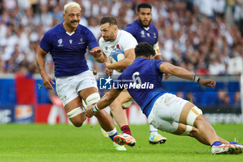 2023-10-07 - Jonny May of England is tackles by Sam Slade, Theo McFarland of Samoa during the World Cup 2023, Pool D rugby union match between England and Samoa on October 7, 2023 at Pierre Mauroy stadium in Villeneuve-d'Ascq near Lille, France - RUGBY - WORLD CUP 2023 - ENGLAND V SAMOA - WORLD CUP - RUGBY