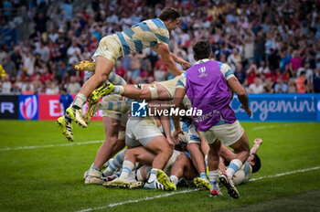 2023-10-14 - Argentina celebrrates a try during a RUGBY WORLD CUP FRANCE 2023 match between Wales and Argentina at Stade de Marseille, in Marseille, ,France on October 14, 2023. (Photo / Felipe Mondino) - 2023 RUGBY WORLD CUP - WALES VS ARGENTINA - WORLD CUP - RUGBY