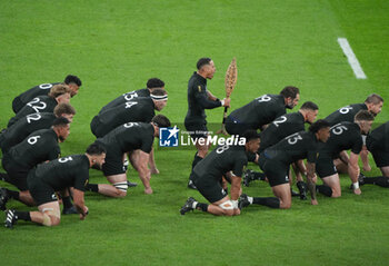 2023-10-14 - Haka of New Zealand, Kapa o Pango during the World Cup 2023, Quarter-final rugby union match between Ireland and New Zealand on October 14, 2023 at Stade de France in Saint-Denis near Paris, France - RUGBY - WORLD CUP 2023 - 1/4 - IRELAND V NEW ZEALAND - WORLD CUP - RUGBY