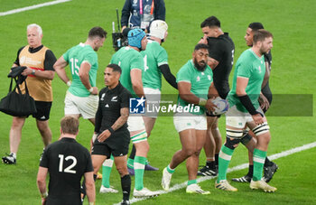 2023-10-14 - Bundee Aki of Ireland celebrates his try during the World Cup 2023, Quarter-final rugby union match between Ireland and New Zealand on October 14, 2023 at Stade de France in Saint-Denis near Paris, France - RUGBY - WORLD CUP 2023 - 1/4 - IRELAND V NEW ZEALAND - WORLD CUP - RUGBY