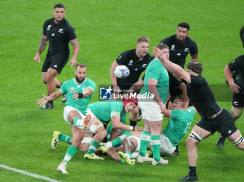 2023-10-14 - Jamison Gibson-Park of Ireland, Scott Barrett of New Zealand during the World Cup 2023, Quarter-final rugby union match between Ireland and New Zealand on October 14, 2023 at Stade de France in Saint-Denis near Paris, France - RUGBY - WORLD CUP 2023 - 1/4 - IRELAND V NEW ZEALAND - WORLD CUP - RUGBY