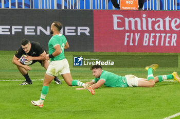 2023-10-14 - Will Jordan of New Zealand scores a try during the World Cup 2023, Quarter-final rugby union match between Ireland and New Zealand on October 14, 2023 at Stade de France in Saint-Denis near Paris, France - RUGBY - WORLD CUP 2023 - 1/4 - IRELAND V NEW ZEALAND - WORLD CUP - RUGBY