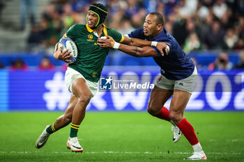 2023-10-15 - Kurt-Lee ARENDSE of South Africa and Gael FICKOU of France during the World Cup 2023, Quarter-final rugby union match between France and South Africa on October 15, 2023 at Stade de France in Saint-Denis near Paris, France - RUGBY - WORLD CUP 2023 - 1/4 - FRANCE V SOUTH AFRICA - WORLD CUP - RUGBY
