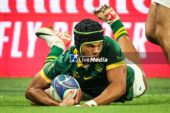 2023-10-15 - Kurt-Lee ARENDSE of South Africa scores his try during the World Cup 2023, Quarter-final rugby union match between France and South Africa on October 15, 2023 at Stade de France in Saint-Denis near Paris, France - RUGBY - WORLD CUP 2023 - 1/4 - FRANCE V SOUTH AFRICA - WORLD CUP - RUGBY