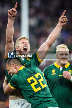 2023-10-15 - Pieter-Steph DU TOIT of South Africa, Handre POLLARD of South Africa and Vincent KOCH of South Africa celebrate the victory during the World Cup 2023, Quarter-final rugby union match between France and South Africa on October 15, 2023 at Stade de France in Saint-Denis near Paris, France - RUGBY - WORLD CUP 2023 - 1/4 - FRANCE V SOUTH AFRICA - WORLD CUP - RUGBY