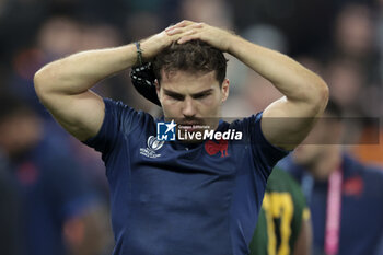 2023-10-15 - Antoine Dupont of France is dejected following the World Cup 2023, Quarter-final rugby union match between France and South Africa on October 15, 2023 at Stade de France in Saint-Denis near Paris, France - RUGBY - WORLD CUP 2023 - 1/4 - FRANCE V SOUTH AFRICA - WORLD CUP - RUGBY