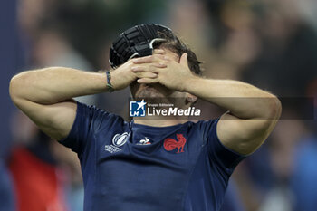 2023-10-15 - Antoine Dupont of France is dejected following the World Cup 2023, Quarter-final rugby union match between France and South Africa on October 15, 2023 at Stade de France in Saint-Denis near Paris, France - RUGBY - WORLD CUP 2023 - 1/4 - FRANCE V SOUTH AFRICA - WORLD CUP - RUGBY
