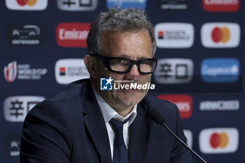 2023-10-15 - Head coach of France Fabien Galthie during the post-match press conference following the World Cup 2023, Quarter-final rugby union match between France and South Africa on October 15, 2023 at Stade de France in Saint-Denis near Paris, France - RUGBY - WORLD CUP 2023 - 1/4 - FRANCE V SOUTH AFRICA - WORLD CUP - RUGBY