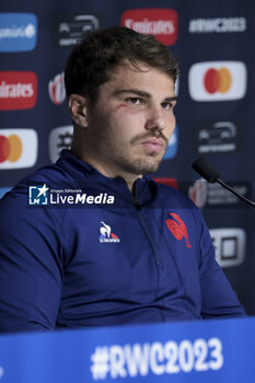 2023-10-15 - Antoine Dupont of France during the post-match press conference following the World Cup 2023, Quarter-final rugby union match between France and South Africa on October 15, 2023 at Stade de France in Saint-Denis near Paris, France - RUGBY - WORLD CUP 2023 - 1/4 - FRANCE V SOUTH AFRICA - WORLD CUP - RUGBY