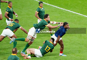 2023-10-15 - Peato Mauvaka of France and Franco Mostert, Jesse Kriel of South Africa during the World Cup 2023, Quarter-final rugby union match between France and South Africa on October 15, 2023 at Stade de France in Saint-Denis near Paris, France - RUGBY - WORLD CUP 2023 - 1/4 - FRANCE V SOUTH AFRICA - WORLD CUP - RUGBY
