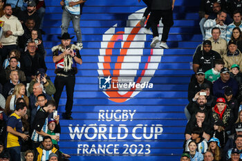 2023-10-20 - Illustration of the official logo during the World Cup 2023, Semi-final rugby union match between Argentina and New Zealand on October 20, 2023 at Stade de France in Saint-Denis near Paris, France - RUGBY - WORLD CUP - 1/2 - ARGENTINA V NEW ZEALAND - WORLD CUP - RUGBY