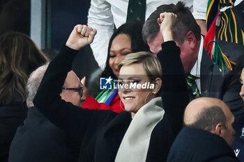 2023-10-21 - Princess Charlene of Monaco celebrates the victory of the South Africa team during the World Cup 2023, Semi-final rugby union match between England and South Africa on October 21, 2023 at Stade de France in Saint-Denis near Paris, France - RUGBY - WORLD CUP - 1/2 - ENGLAND V SOUTH AFRICA - WORLD CUP - RUGBY
