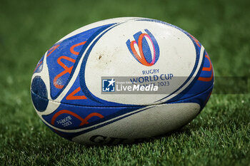 2023-10-27 - Illustration of the Gilbert match ball during the World Cup 2023, Bronze Final rugby union match between Argentina and England on October 27, 2023 at Stade de France in Saint-Denis near Paris, France - RUGBY - WORLD CUP 2023 - BRONZE FINAL - ARGENTINA V ENGLAND - WORLD CUP - RUGBY