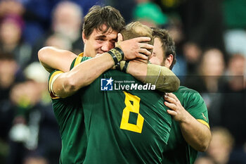 2023-10-28 - Franco MOSTERT of South Africa celebrate the victory with teammates during the World Cup 2023, Final rugby union match between New Zealand and South Africa on October 28, 2023 at Stade de France in Saint-Denis near Paris, France - RUGBY - WORLD CUP 2023 - FINAL - NEW ZEALAND V SOUTH AFRICA - WORLD CUP - RUGBY