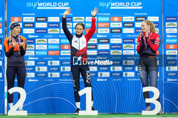 2023-12-03 - Marijke Groenewoud of The Netherlands, Martina Sablíkova of Czech Republic, Ragne Wiklund of Norway during the medal ceremony after competing on the Women's A group 5000m during the ISU Speed Skating World Cup Stavanger on December 3, 2023 at Var Energi Arena Sormarka in Stavanger, Norway - SPEED SKATING - WORLD CUP - STAVANGER - ICE SKATING - WINTER SPORTS