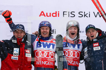 15/01/2023 - 2023 FIS ALPINE SKI WORLD CUP, Men's SL
Wengen, Swiss, SUI
2023-01-15 - Sunday
Image shows Podium KRISTOFFERSEN Henrik (NOR)  - BRAATHEN Lucas (NOR) - FIS ALPINE SKI WORLD CUP - MEN'S SLALOM - SCI ALPINO - SPORT INVERNALI