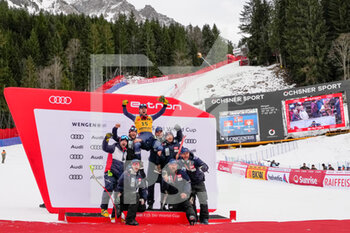13/01/2023 - 13.01.2023, Wengen, Lauberhorn, FIS Ski World Cup: Lauberorn Super-G, Norway team celebrates victory of  Aleksander Aamodt Kilde of Norway - FIS SKI WORLD CUP: LAUBERORN SUPER-G - SCI ALPINO - SPORT INVERNALI