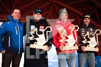 2023-01-28 - Gianluca Lorenzi (mayor of Cortina d'Ampezzo), Kilde Aleksander Aamodt (NOR) 2nd CLASSIFIED, Odermatt Marco (SUI) 1st CLASSIFIED and Casse Mattia (ITA) 3th CLASSIFIED - 2023 AUDI FIS SKI WORLD CUP - MEN'S SUPER G - ALPINE SKIING - WINTER SPORTS