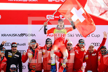 12/03/2023 - The Swiss team celebrating Marco ODERMATT (SUI) - 2023 AUDI FIS SKI WORLD CUP - MEN'S GIANT SLALOM - SCI ALPINO - SPORT INVERNALI