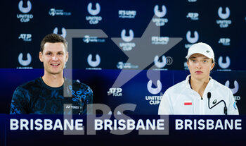 2023-01-01 - Hubert Hurkacz of Poland and Iga Swiatek of Poland talks to the media after Team Polands mixed-doubles match at the 2023 United Cup Brisbane tennis tournament on January 1, 2023 in Brisbane, Australia - TENNIS - UNITED CUP 2023 - INTERNATIONALS - TENNIS