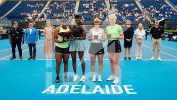 2023-01-07 - Taylor Townsend of the United States & Asia Muhammad of the United States and Storm Hunter of Australia & Katerina Siniakova of the Czech Republic pose with their trophies after the doubles final of the 2023 Adelaide International 1, WTA 500 tennis tournament on January 7, 2023 in Adelaide, Australia - TENNIS - WTA - 2023 ADELAIDE INTERNATIONAL 1 - INTERNATIONALS - TENNIS