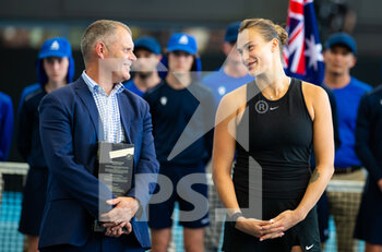 2023-01-08 - Aryna Sabalenka of Belarus during the trophy ceremony after the final of the 2023 Adelaide International 1, WTA 500 tennis tournament on January 8, 2023 in Adelaide, Australia - TENNIS - WTA - 2023 ADELAIDE INTERNATIONAL 1 - INTERNATIONALS - TENNIS