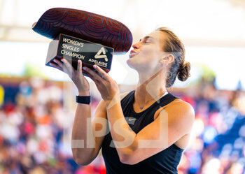 2023-01-08 - Aryna Sabalenka of Belarus poses with the champions trophy after wining the final of the 2023 Adelaide International 1, WTA 500 tennis tournament on January 8, 2023 in Adelaide, Australia - TENNIS - WTA - 2023 ADELAIDE INTERNATIONAL 1 - INTERNATIONALS - TENNIS