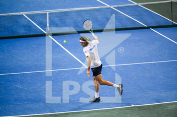 2023-02-04 - STEFANOS TSITSIPAS of Greece plays in his singles match against ALVARO GUILLEN of Ecuador during day one of the Davis Cup World Group I Play-off between Greece and Ecuador at Olympic Athletic Center of Athens 