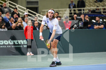 2023-02-04 - STEFANOS TSITSIPAS of Greece plays in his singles match against ALVARO GUILLEN of Ecuador during day one of the Davis Cup World Group I Play-off between Greece and Ecuador at Olympic Athletic Center of Athens 
