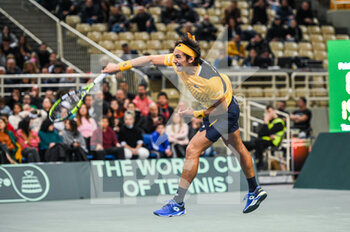 2023-02-04 - ALVARO GUILLEN of Ecuador plays in his singles match against STEFANOS TSITSIPAS of Greece during day one of the Davis Cup World Group I Play-off between Greece and Ecuador at Olympic Athletic Center of Athens 