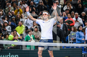 2023-02-04 - STEFANOS TSITSIPAS of Greece celebrates after winning his singles match against ANDRES ANDRADE of Ecuador during day one of the Davis Cup World Group I Play-off between Greece and Ecuador at Olympic Athletic Center of Athens 