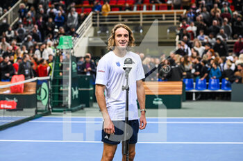 2023-02-04 - STEFANOS TSITSIPAS of Greece after winning his singles match against ANDRES ANDRADE of Ecuador during day one of the Davis Cup World Group I Play-off between Greece and Ecuador at Olympic Athletic Center of Athens 