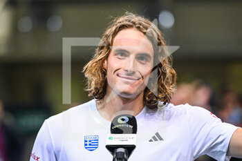 2023-02-04 - STEFANOS TSITSIPAS of Greece after winning his singles match against ANDRES ANDRADE of Ecuador during day one of the Davis Cup World Group I Play-off between Greece and Ecuador at Olympic Athletic Center of Athens 