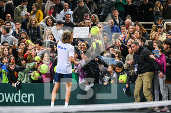 2023-02-04 - STEFANOS TSITSIPAS of Greece with Greek fans during day one of the Davis Cup World Group I Play-off between Greece and Ecuador at Olympic Athletic Center of Athens 