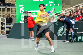 2023-02-04 - ANDRES ANDRADE of Ecuador plays in his singles match against ARISTOTELIS THANOS of Greece during day one of the Davis Cup World Group I Play-off between Greece and Ecuador at Olympic Athletic Center of Athens 