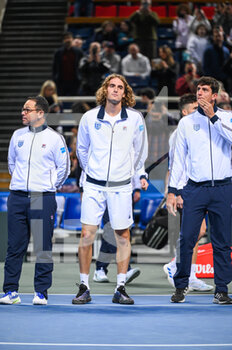 2023-02-05 - STEFANOS TSITSIPAS of Greece with Captain DIMITRIS CHATZINIKOLAOU during day two of the Davis Cup World Group I Play-off between Greece and Ecuador at Olympic Athletic Center of Athens 