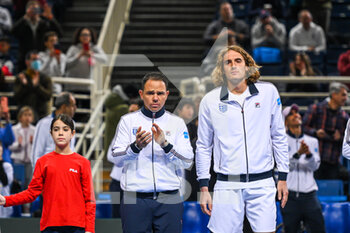 2023-02-05 - STEFANOS TSITSIPAS of Greece with Captain DIMITRIS CHATZINIKOLAOU during day two of the Davis Cup World Group I Play-off between Greece and Ecuador at Olympic Athletic Center of Athens 