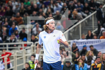 2023-02-05 - STEFANOS TSITSIPAS of Greece plays in his singles match against ANDRES ANDRADE of Ecuador during day two of the Davis Cup World Group I Play-off between Greece and Ecuador at Olympic Athletic Center of Athens 