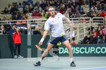 2023-02-05 - STEFANOS TSITSIPAS of Greece plays in his singles match against ANDRES ANDRADE of Ecuador during day two of the Davis Cup World Group I Play-off between Greece and Ecuador at Olympic Athletic Center of Athens 