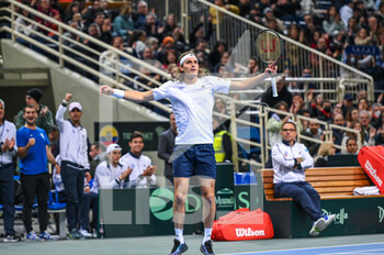 2023-02-05 - STEFANOS TSITSIPAS of Greece celebrating a point during day two of the Davis Cup World Group I Play-off between Greece and Ecuador at Olympic Athletic Center of Athens 
