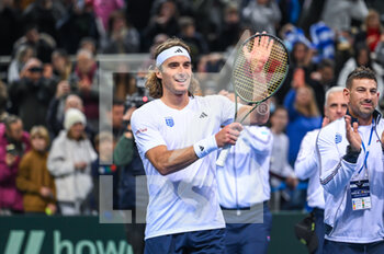 2023-02-05 - STEFANOS TSITSIPAS of Greece celebrating after winning the game during day two of the Davis Cup World Group I Play-off between Greece and Ecuador at Olympic Athletic Center of Athens 