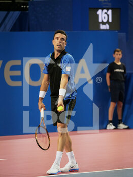 2023-02-08 - Roberto Bautista-Agut (SPA) in action against Arthur Fils (FRA) during the Open Sud de France 2023, ATP 250 tennis tournament on February 8, 2023 at Sud de France Arena in Pérols near Montpellier, France - TENNIS - ATP - OPEN SUD DE FRANCE 2023 - INTERNATIONALS - TENNIS