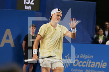 2023-02-09 - Holger Rune (DEN) in action against Marc-Andrea Huesler (SUI) during the Open Sud de France 2023, ATP 250 tennis tournament on February 9, 2023 at Sud de France Arena in Pérols near Montpellier, France - TENNIS - ATP - OPEN SUD DE FRANCE 2023 - INTERNATIONALS - TENNIS