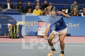 2023-02-11 - Maxime Cressy (USA) in action against Holger Rune (DEN) during the semi finals at the Open Sud de France 2023, ATP 250 tennis tournament on February 11, 2023 at Sud de France Arena in Pérols near Montpellier, France - TENNIS - ATP - OPEN SUD DE FRANCE 2023 - INTERNATIONALS - TENNIS