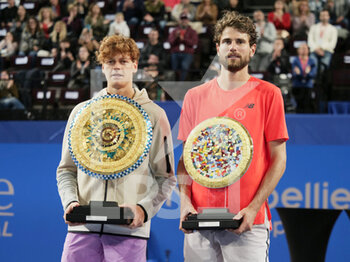 12/02/2023 - Jannik Sinner (ITA) with the winner's trophy and Maxime Cressy (USA) with the runner up trophy after the final of the Open Sud de France 2023, ATP 250 tennis tournament on February 12, 2023 at Sud de France Arena in Pérols near Montpellier, France - TENNIS - ATP - OPEN SUD DE FRANCE 2023 - INTERNAZIONALI - TENNIS