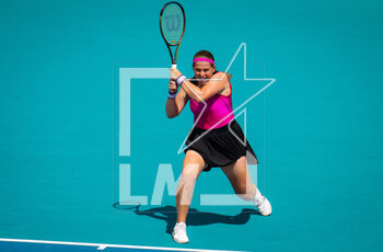 2023-03-25 - Jelena Ostapenko of Latvia in action during the third round of the 2023 Miami Open, WTA 1000 tennis tournament on March 25, 2023 in Miami, USA - TENNIS - WTA - 2023 MIAMI OPEN - INTERNATIONALS - TENNIS